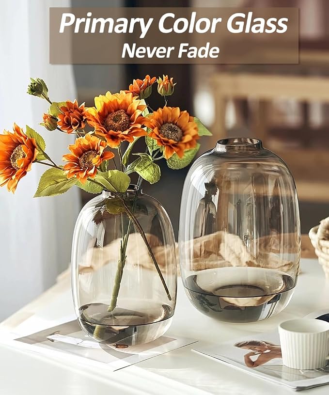 GeLive Brown Glass Vase Round Clear Colored Flower Vase - Image 2