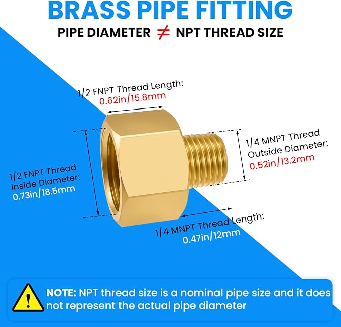 SDTC Tech 2-Pack Brass Pipe Fitting 1/4 NPT Thread Male to 1/2 NPT Thread - Image 2