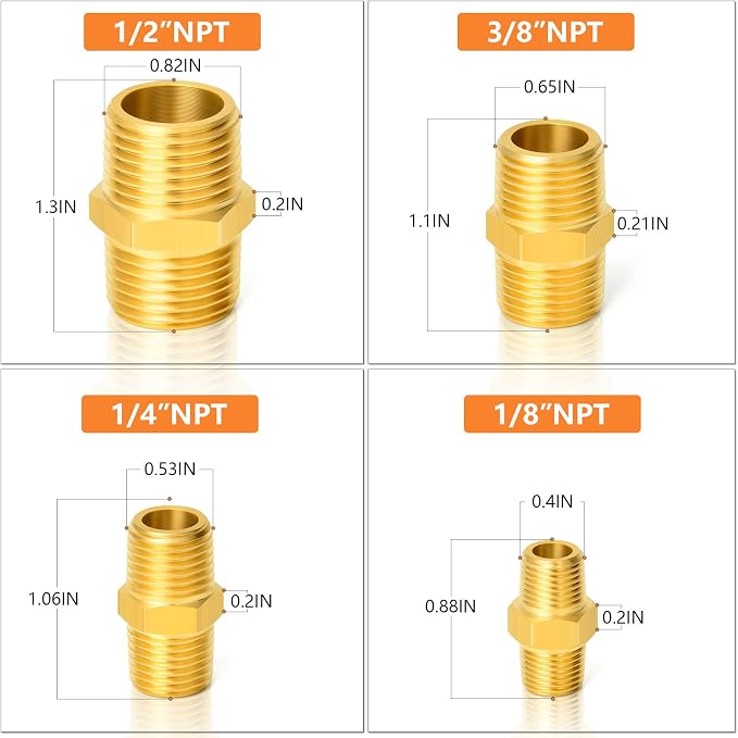GASHER 8PCS Brass Pipe Fitting Hex Nipple Kit 1/8 inch 1/4 inch 3/8 inch 1/2 - Image 3