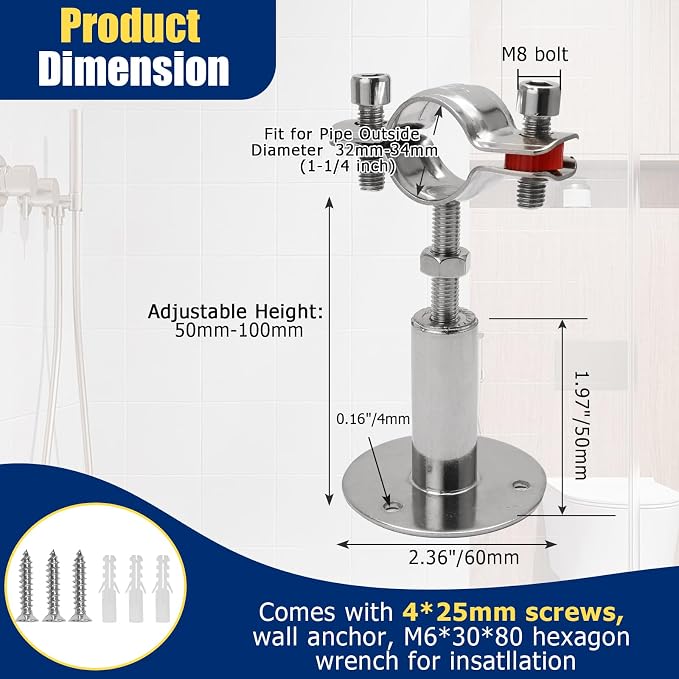 2pcs Adjustable Pipe Support Bracket, 1-1/4 Inch Pipe Clamp | Stainless Steel - Image 2