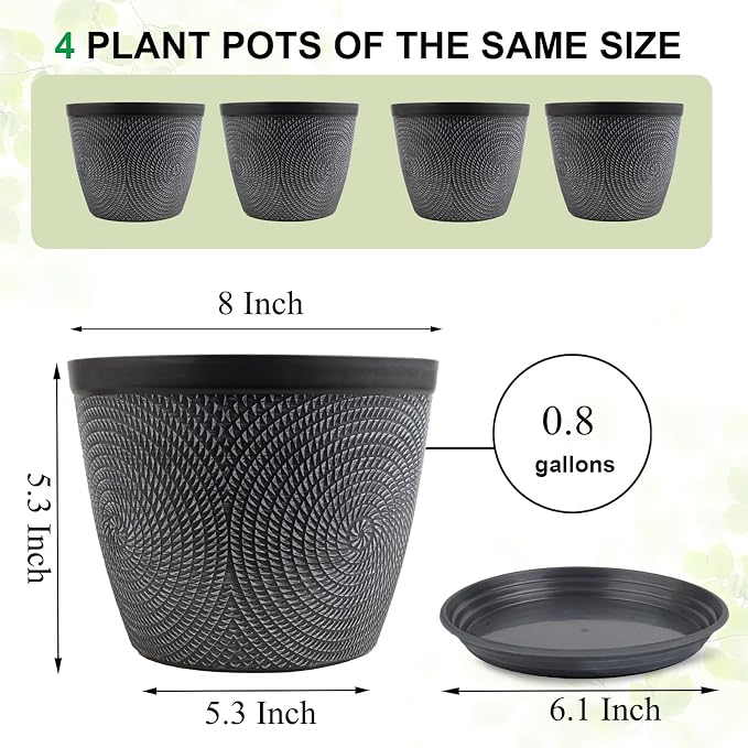 Quarut 4 Pack 8 Inch Flower Pots, Plastic Plant Pots - Image 6