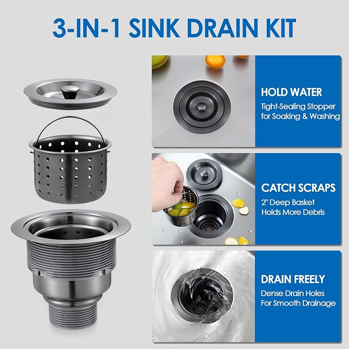 ROVOGO Kitchen Sink Drain Assembly Gunmetal Black, Deep Strainer Basket - Image 3