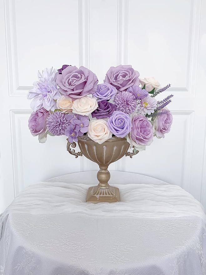 FACINOC Roses Artificial Flowers Purple Bouquets Mix Silk Dahlia - Image 7