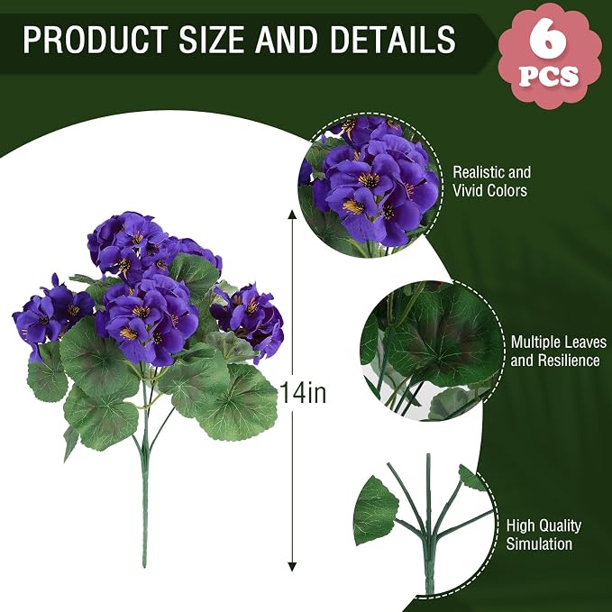Hananona 6 Pcs Artificial Geranium Flowers - Image 2