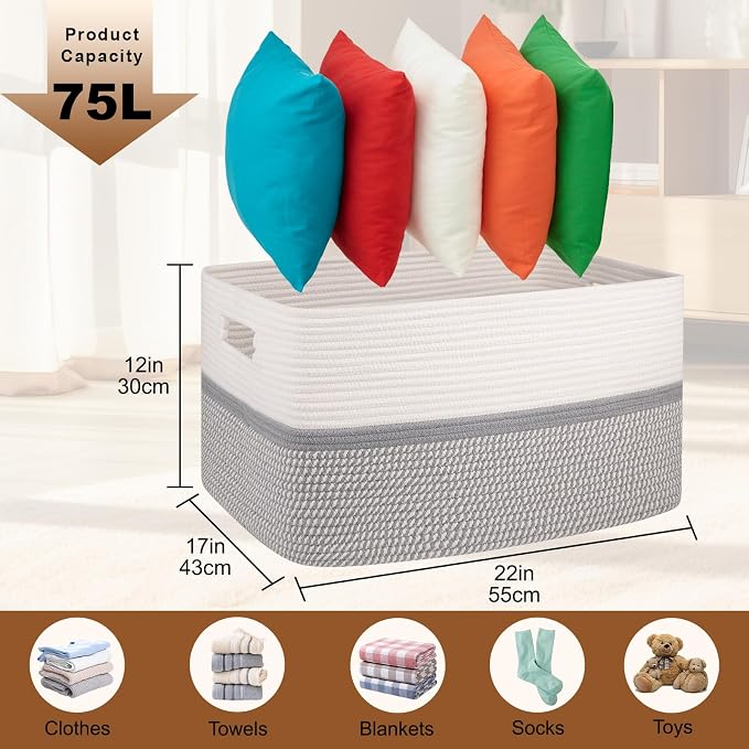 OIAHOMY Blanket Basket Laundry Basket Dog Toy Basket 75L Grey/White | Large - Image 3