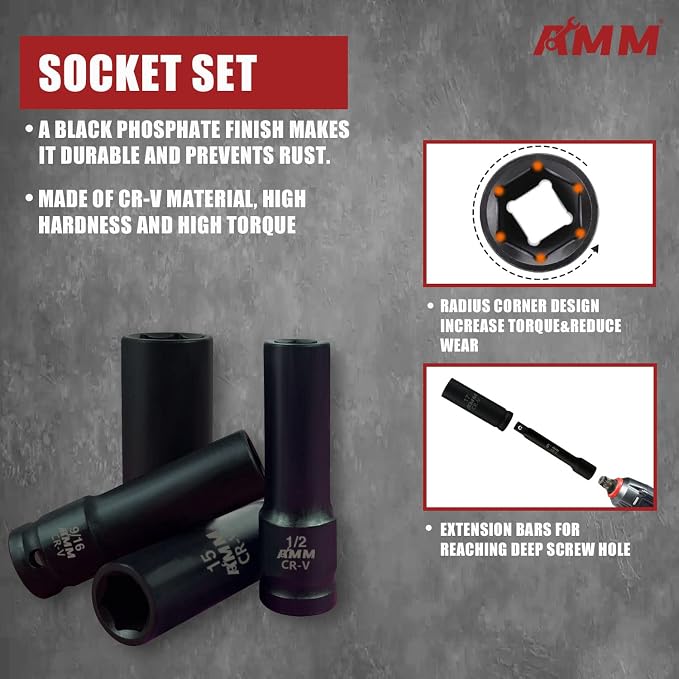 AMM 1/2" Drive Deep Impact Socket Set, 35-Piece Socket set SAE 3/8 to 1-1/4 - Image 6