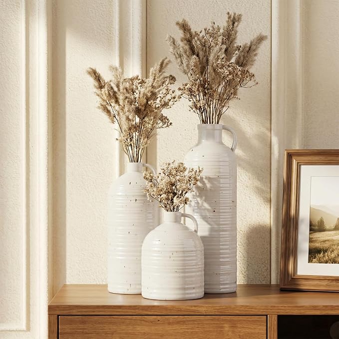 Firehold Ceramic Vase Set of 3 w/Handles, Rustic Farmhouse White Decor Vase | - Image 5