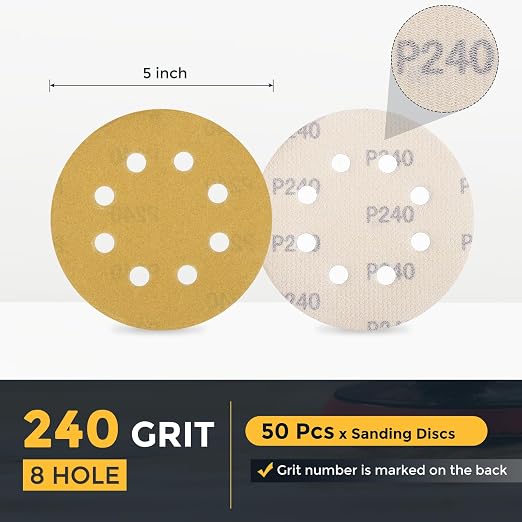 HARFINGTON 50Pcs 5Inch Sanding Discs 240Grit Yellow Aluminum Oxide 8 Hole | - Image 2