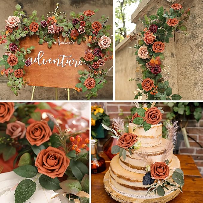 AmyHomie Burnt Orange Rose 25pcs Real Looking Artificial Flowers w/Stem | - Image 5