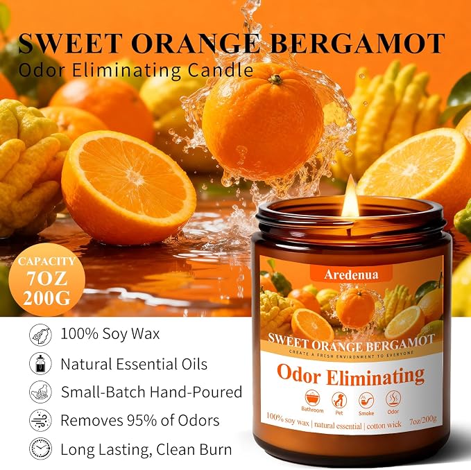 Sweet Orange Odor Eliminating Candles, 7 oz Soy Scented Candle | Eliminates 95% - Image 7