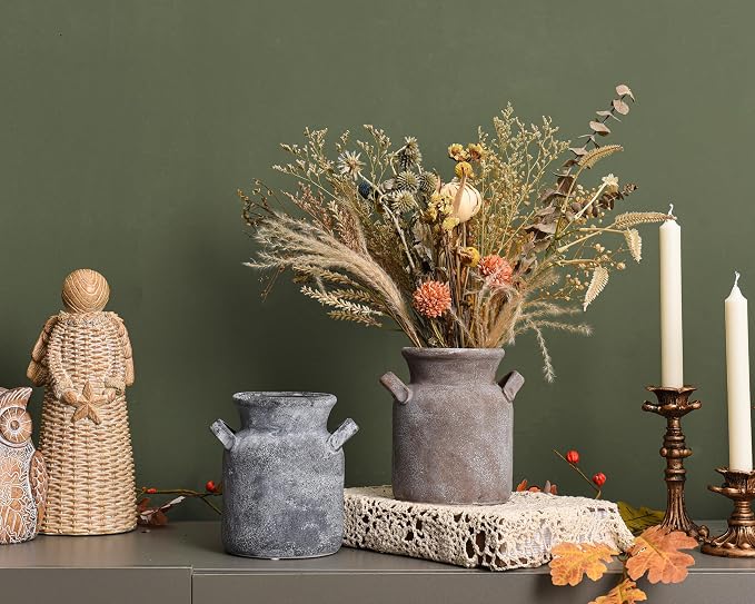 Quoowiit Ceramic Rustic Farmhouse Vase, Distressed Decorative Flower Vases - Image 4