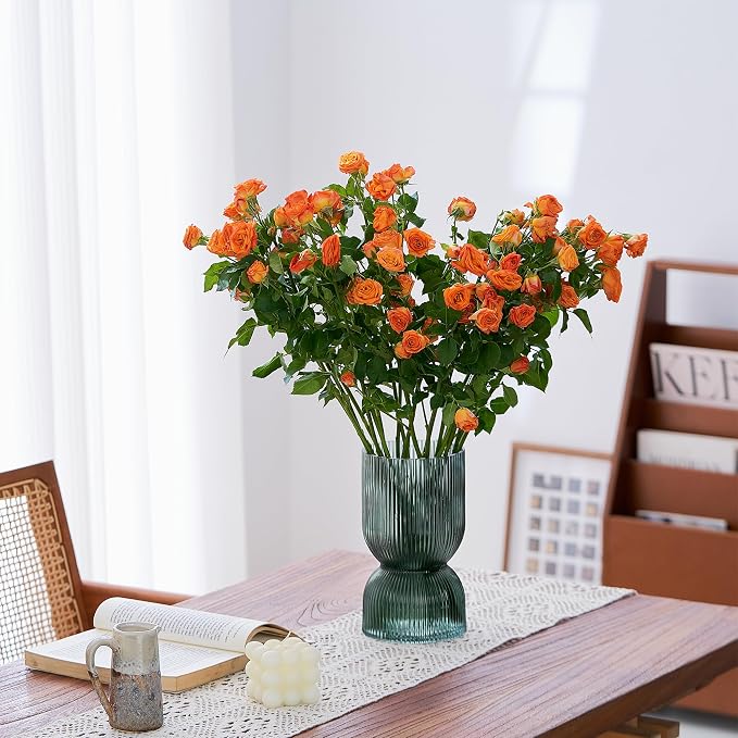7.5 inch Vase for Flowers, Teal Ribbed Thickened Glass Vases, Hourglass Bud - Image 4
