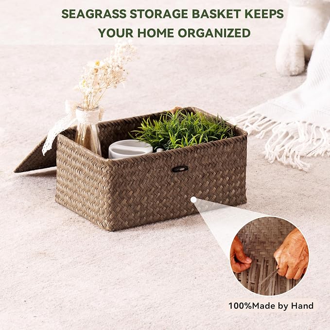 Nonam Small Wicker Basket with Lid, Seagrass Shelf Storage Basket, Coffee | - Image 5