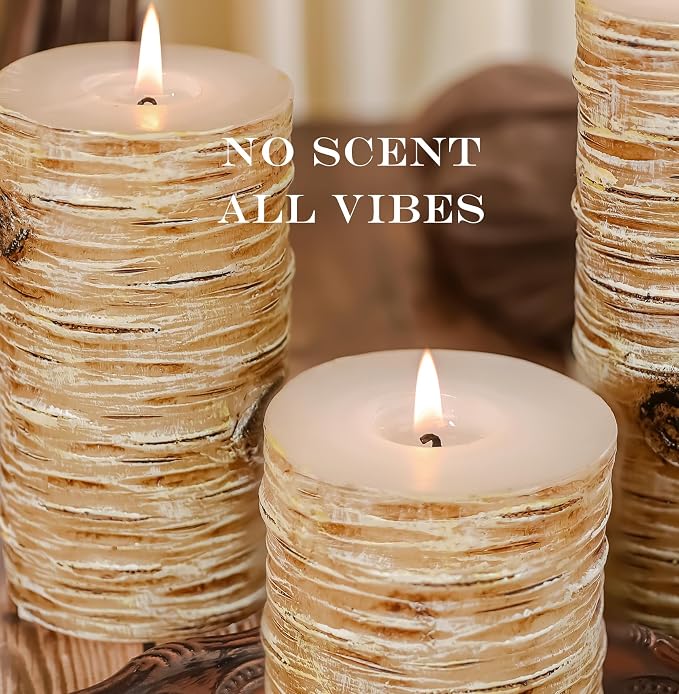Birch Bark Pillar Candle Set of 3, Real Wax Fireplace Decor Candles | Assorted - Image 4