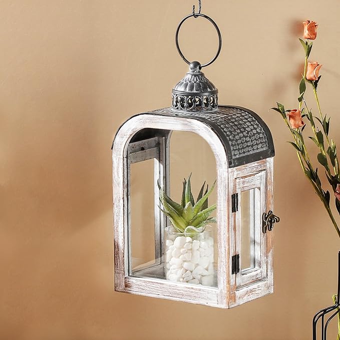 11" High Farmhouse Decorative Lanterns Set, Glass and Metal, Distressed White - Image 5