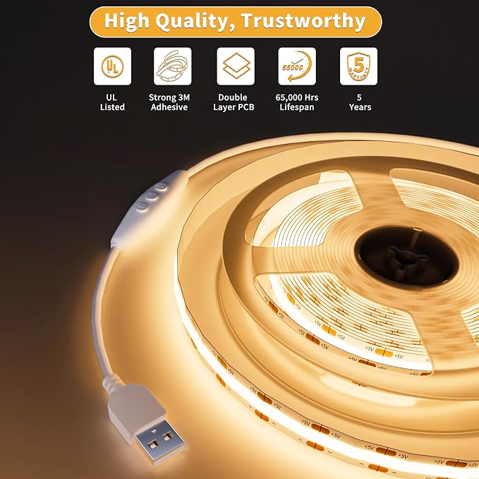 PAUTIX 5V USB COB LED Strip Lights UL-Listed Dotless LED Lights - Image 5