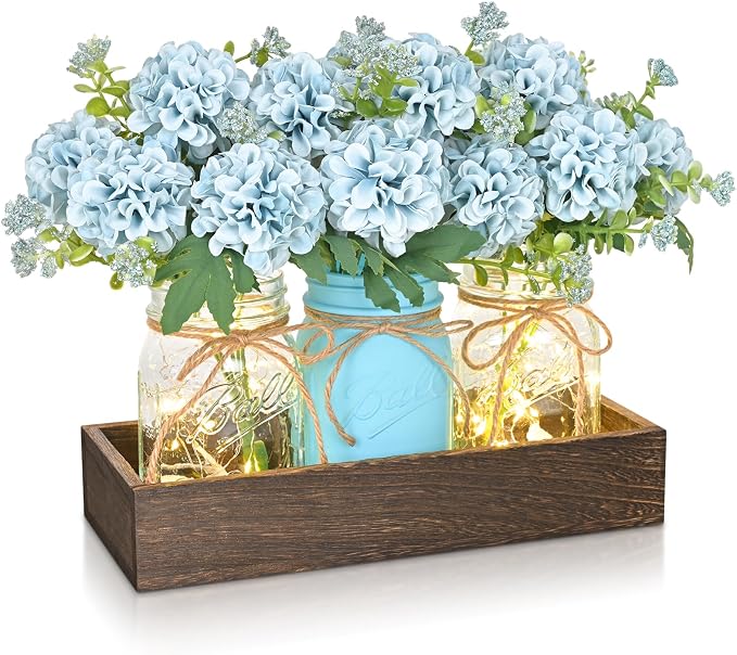 BLEUM CADE 3Pcs Mason Jar with Artificial Flowers Wood Tray and Light | by BLEUMCADE