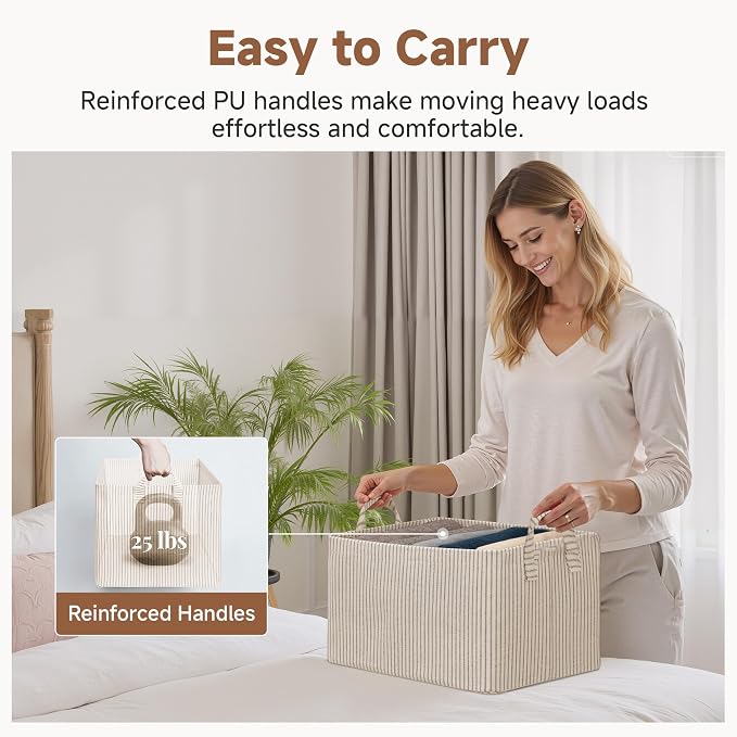 StorageWorks Fabric Storage Bins, Khaki and Beige Stripes, Sturdy Metal Frame - Image 5