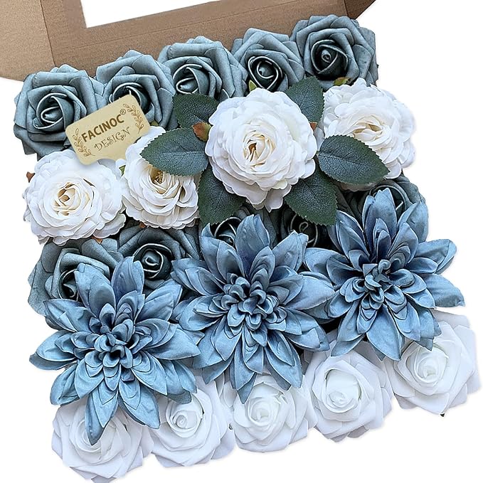 FACINOC Roses Artificial Flowers Dusty Blue Fake Flower by FACINOC