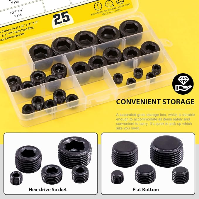25Pcs NPT Plug Set Pipe Plug Assortment Kit 1/8" 1/4" 3/8" 1/2" 3/4" Carbon - Image 4