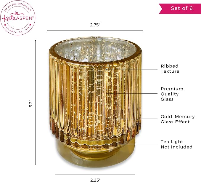 Kate Aspen Gold Votive Candle Holders-Vintage Ribbed Glass Candle Holder Set of - Image 6