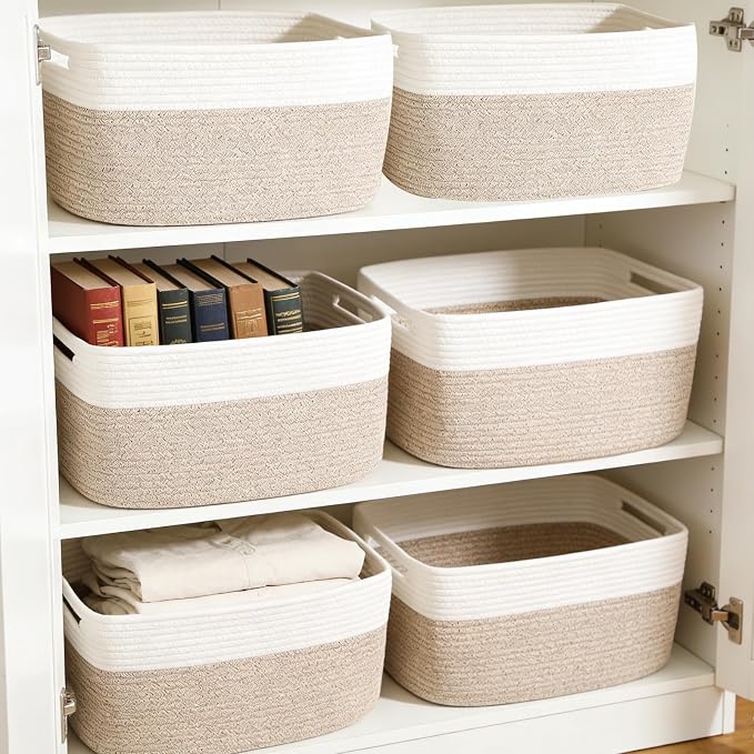 6 Pack Woven Rope Baskets, 12.6"×9"×7.8" Storage Bins, Shelf Baskets Organizer - Image 3