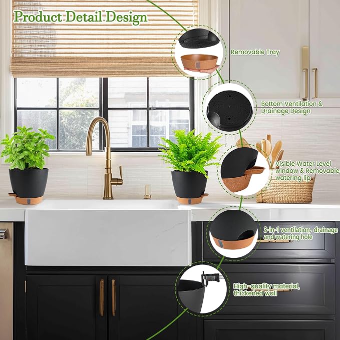Self Watering Pots for Inoor Ourdoor Plants 8/7/6.5/6/5" Plastic Planters | - Image 5