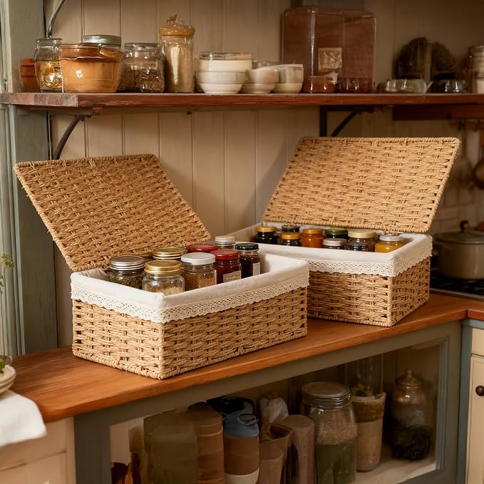 Nonam Large Basket with Lid set of 3, Rattan Divided Baskets Organizer - Image 5