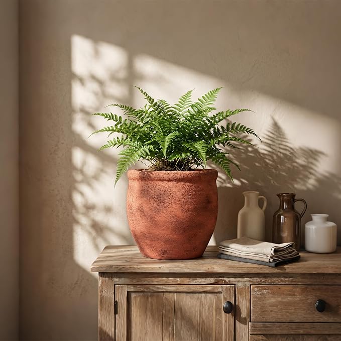9" Dia Fiberstone Planter – Distressed Terracotta Decorative Flower Pot - Image 4