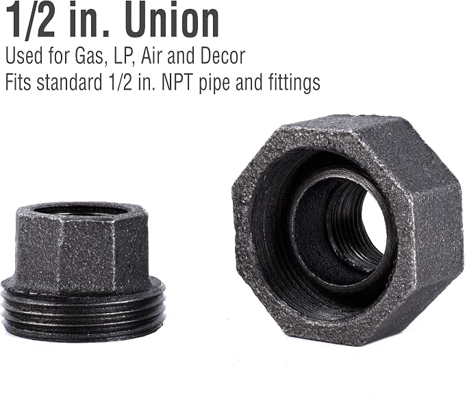 1/2 Inch Union Industrial Malleable Iron Pipe Fitting 4 Pack by Pipe Decor - Image 3
