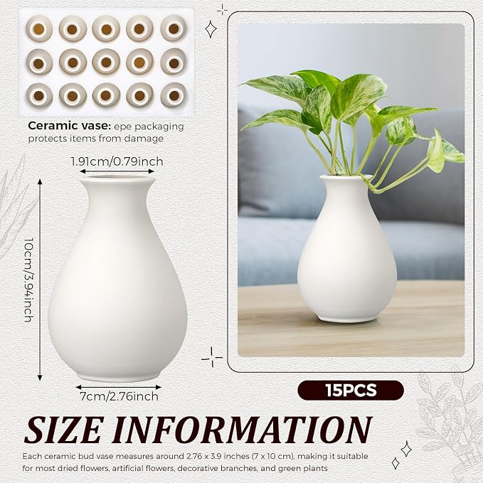 Tioncy 15 Pack White Ceramic Bud Vases Bulk Boho Small Flower Vase White - Image 2