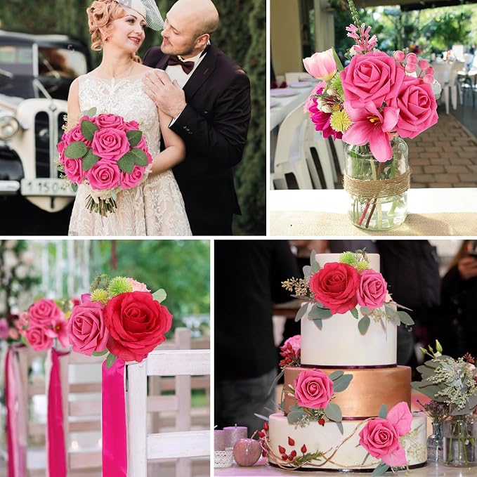 AmyHomie Hot Pink Rose 25pcs Real Looking Artificial Flowers w/Stem | Bouquet - Image 4