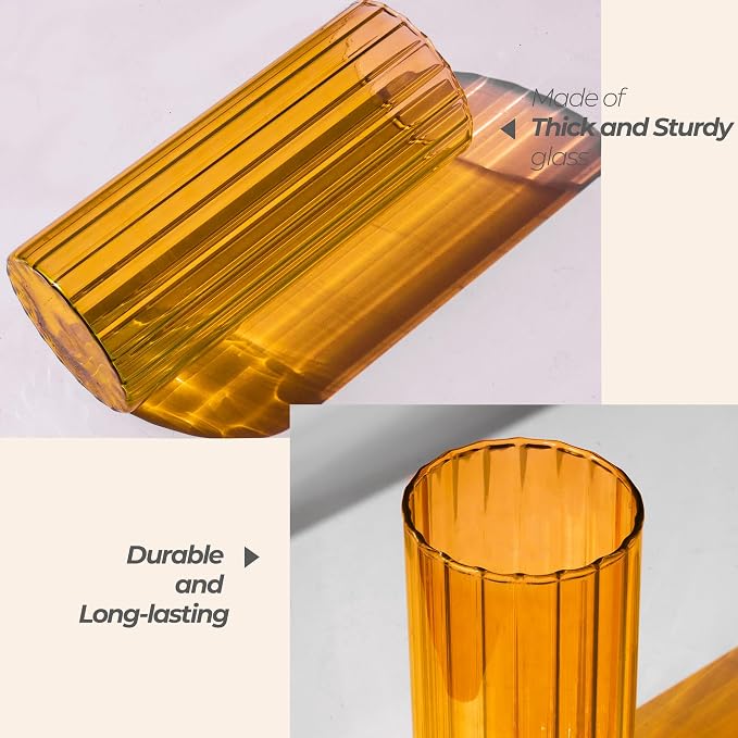 ComSaf Glass Cylinder Vase 8 Inch Tall, Amber Ribbed Decor - Image 6