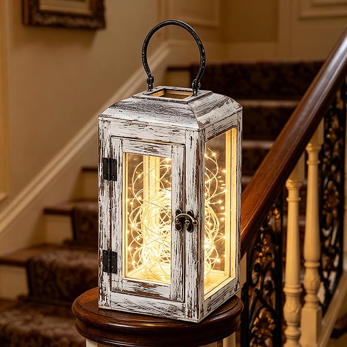 11" High Wooden Lantern Made of Solid Firwood in Whitwash - Image 4