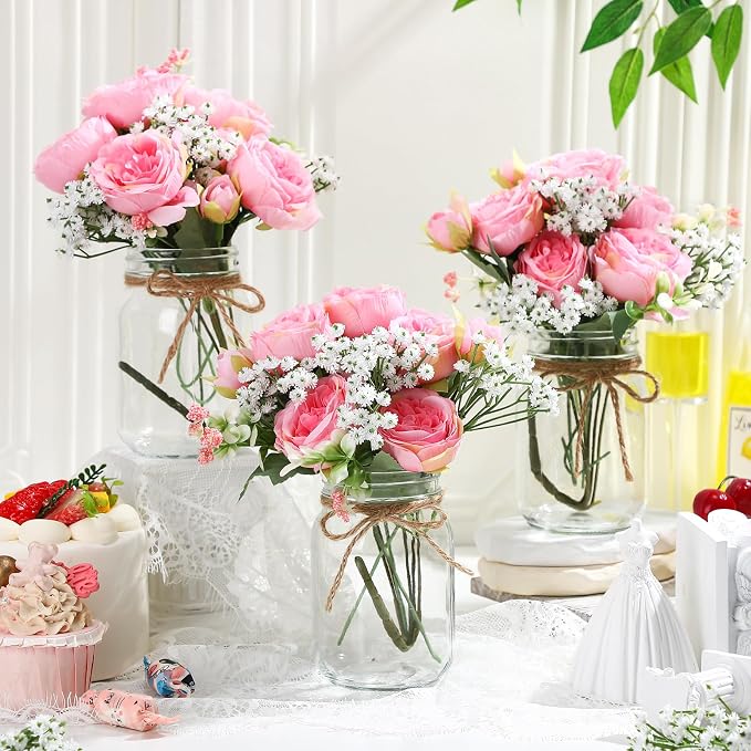12 Sets Mason Jar Flowers Centerpiece Table Decorations, Coral Pink | Faux - Image 3