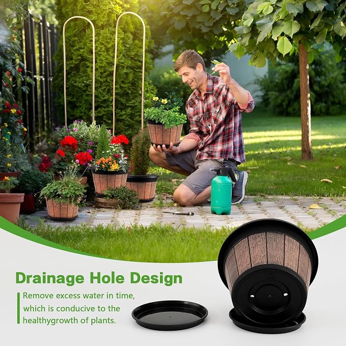 Quarut 4 Pack 8 inch Pots for Plants, Upgrade Whiskey Barrel Planters | Plastic - Image 4