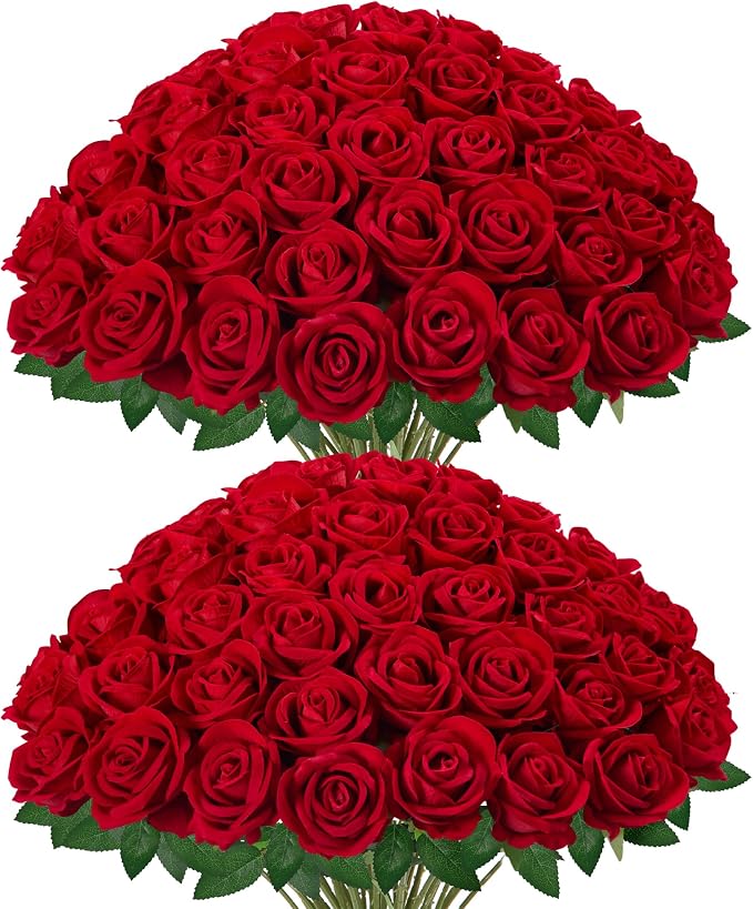 InnoGear Red Roses Artificial Flowers 50 Pcs Fake Velvet Silk Rose Floral | Bulk by InnoGear