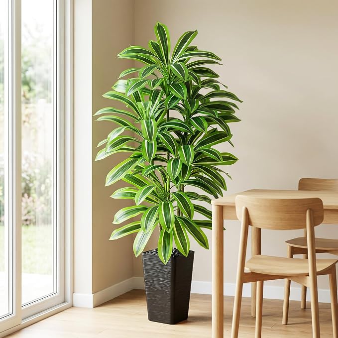 Artificial Dracaena Tree: 5FT Fake Plants Silk Faux Trees（Black Pot） | - Image 3