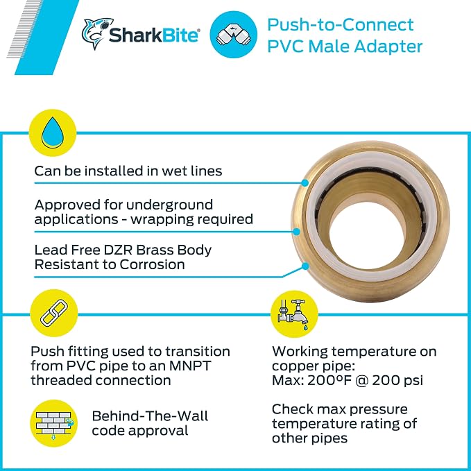 SharkBite 3/4 Inch PVC x 3/4 Inch MNPT Adapter, Push to Connect Brass Plumbing - Image 6