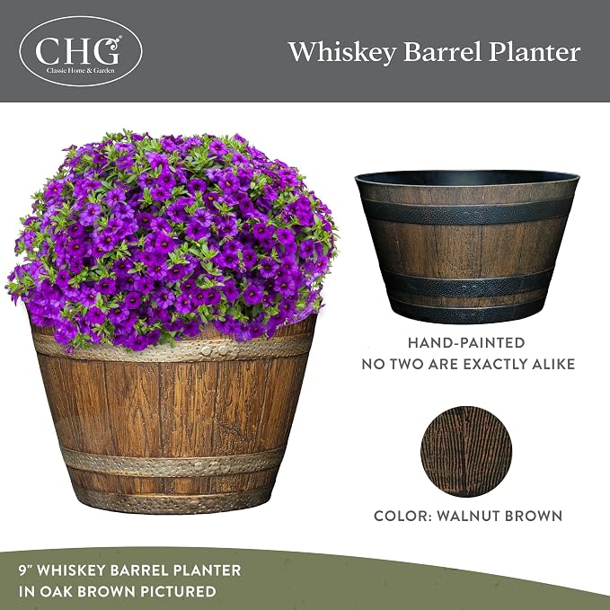 Whiskey Resin Flower Pot Barrel Planter, 20.5" Walnut Brown - Image 2