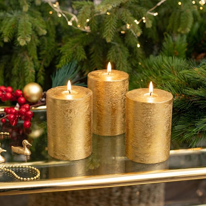 3x4 Inch Gold Pillar Candles Set of 3 - Image 7