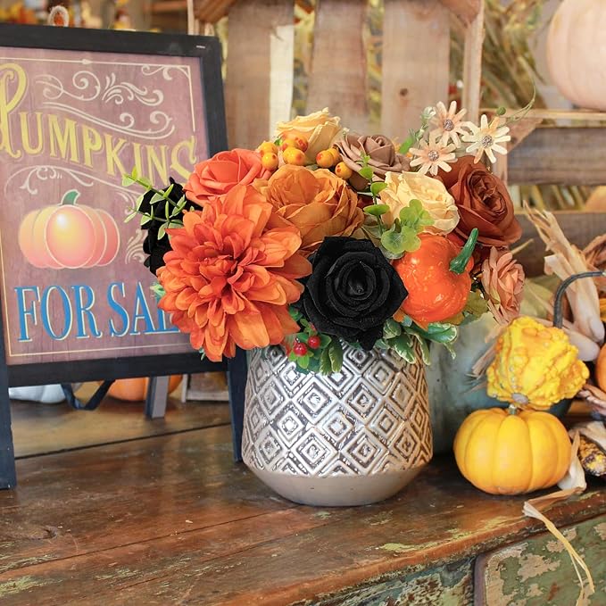 FACINOC Roses Artificial Flowers Fall Orange Black Bouquet Combo - Image 6