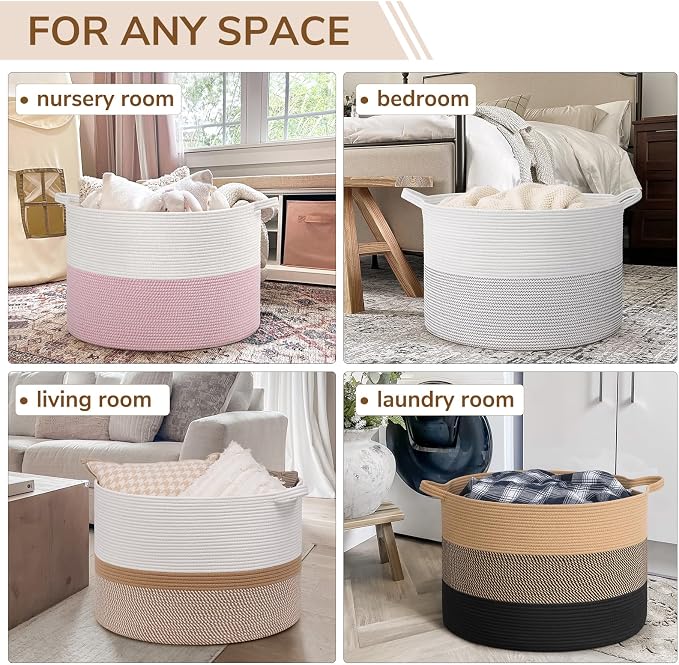INDRESSME 115L Extra Large Woven Rope Blanket Basket Living Room WhiteCamel | - Image 4