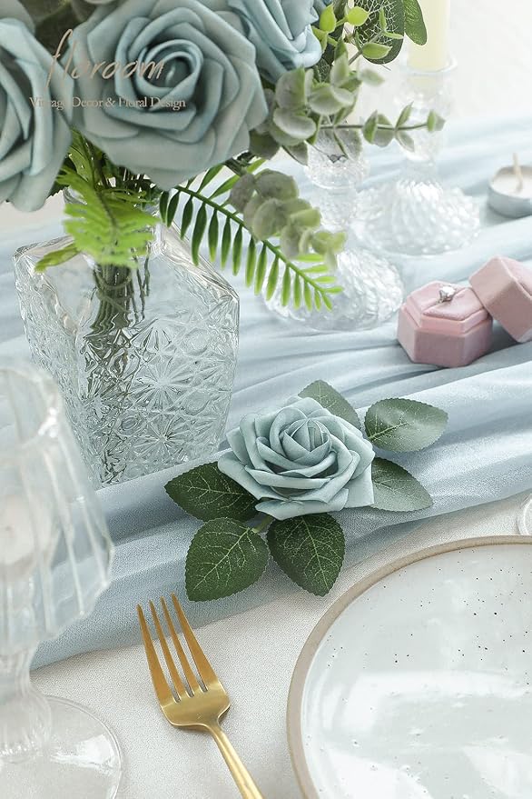 Artificial Flowers 25pcs Real Looking Dusty Blue Foam Fake Roses - Image 4