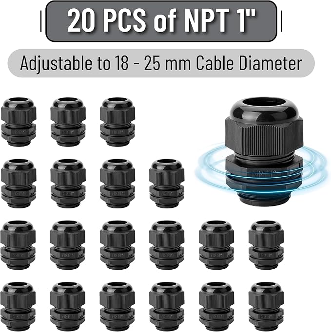 Bates- Cable Gland, 20 Pack, Nylon Strain Relief Cord Connector, Cord Grip - Image 2