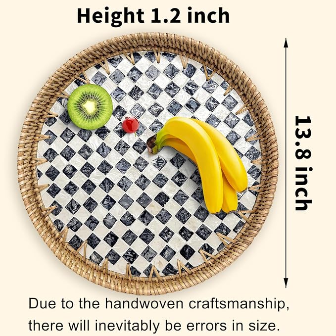 Round Rattan Tray with Mother of Pearl Inlay, Decorative Basket with Wooden Base - Image 2