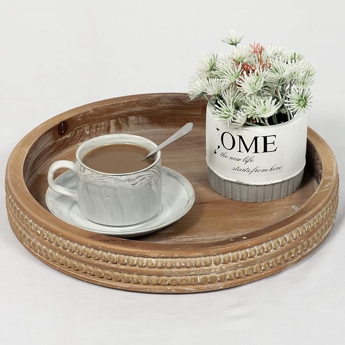 Carah & Cossh 12'' Round Wooden Tray, Round Farmhouse Rustic Decorative Tray - Image 2
