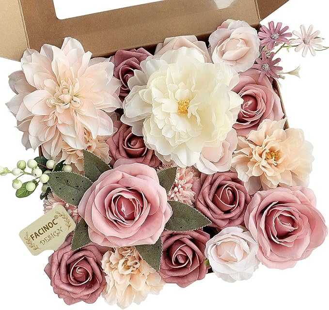 FACINOC Roses Artificial Flowers Pink Bouquets Box Set by FACINOC