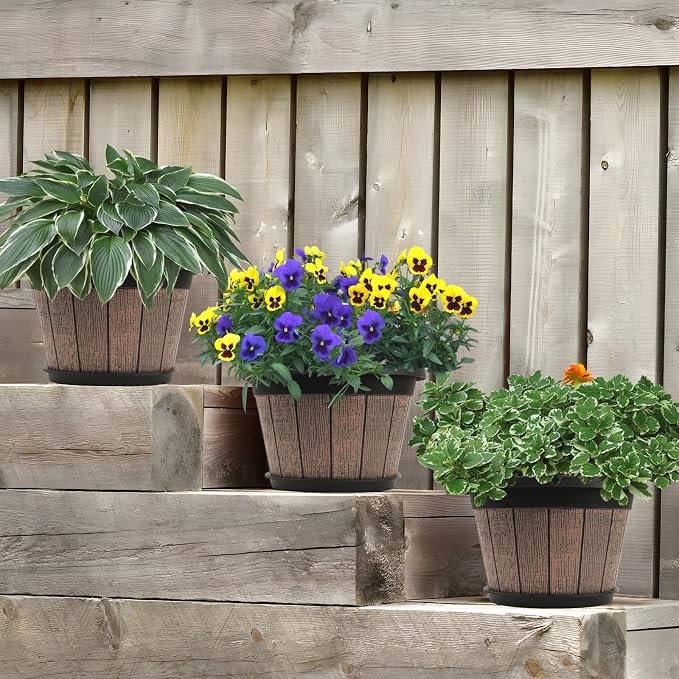 Quarut 4 Pack 8 inch Pots for Plants, Upgrade Whiskey Barrel Planters | Plastic - Image 6