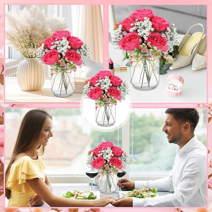 12 Sets Mason Jar Flowers Centerpiece Table Decorations, Hot Pink | Faux Flowers - Image 5